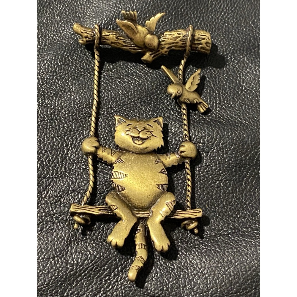 VNTG JJ Jonette Signed Brooch Cat on Swing & Birds On Branch Kitty Pet Lover